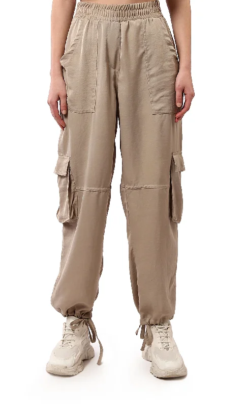 O179137 Wide Elastic Waist Dark Beige Jogger Pants Fashionable Sporty Pants
