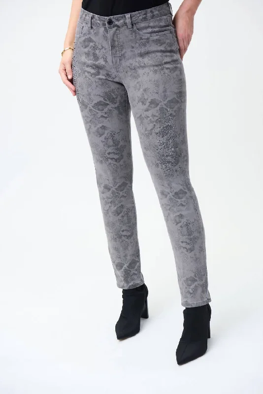 Printed Embellished Jeans In Grey Trendy Wide-Leg High-Waist Denim