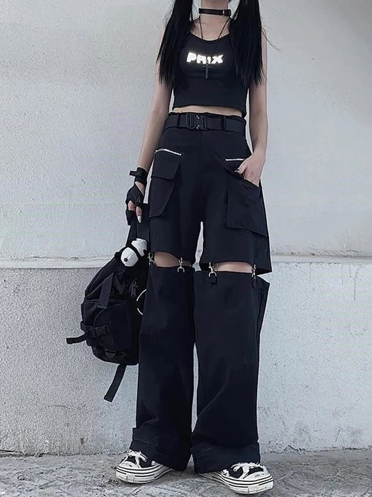 Techwear Gothic Black Cargo Pants Women Streetwear Hollow Out Punk Wide Leg Cozy Jogger Leggings