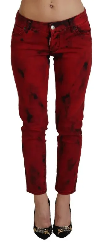 Red Low Waist Cotton Stretch Skinny Pants Classic Flared Pants
