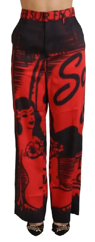 Red Printed High Waist Straight Pants Stylish Elastic Waist Pants