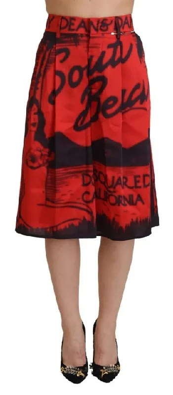 Red Printed High Waist Wide Leg Cropped Pants Trendy Wide-Legged Trousers