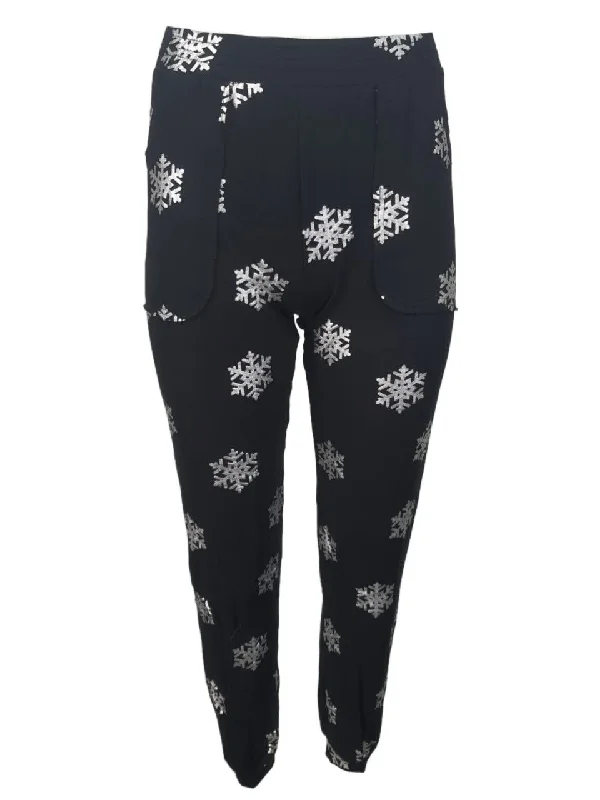 TEREZ Women's Black Snowflake Foil Pants #11217775 NWT Comfy Zip-Up Pants
