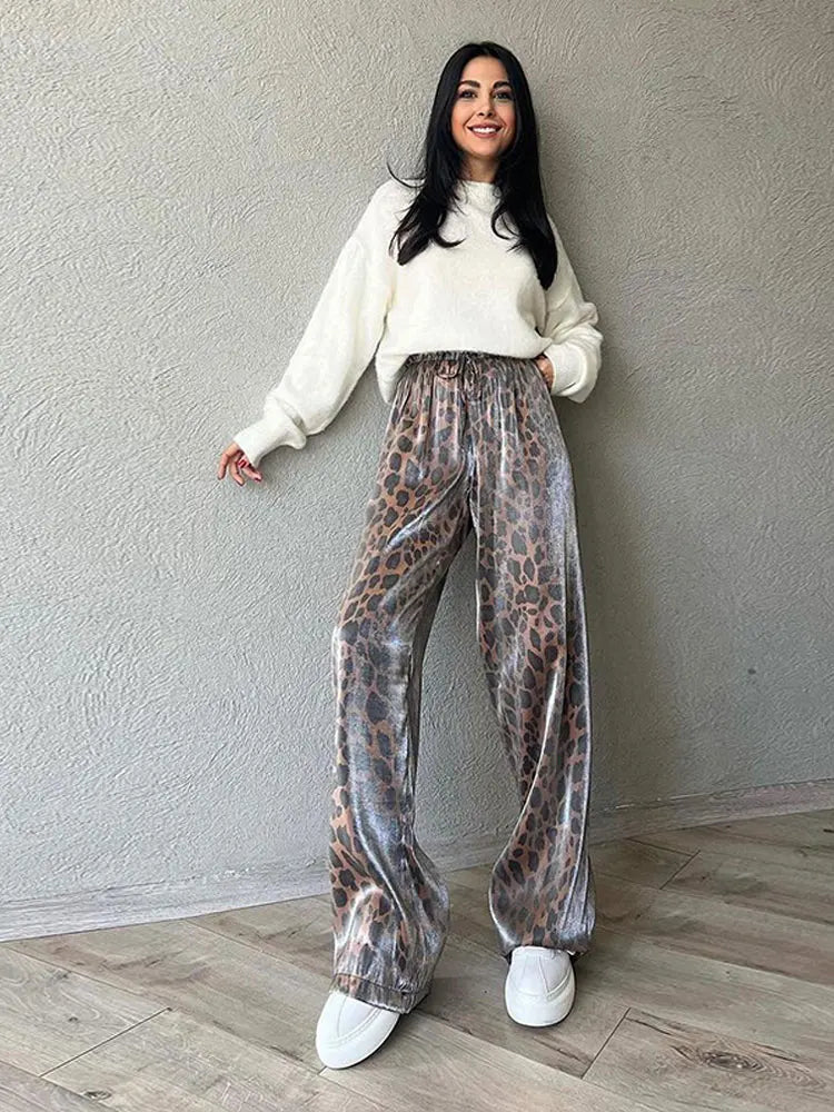 Vintage Leopard Print Wide Leg Pants Women Casual Loose Elastic Waist Female Soft Stretch Leggings Vintage Leopard Print Wide Leg Pants Women Casual Loose Elastic Waist Female Soft Stretch Leggings