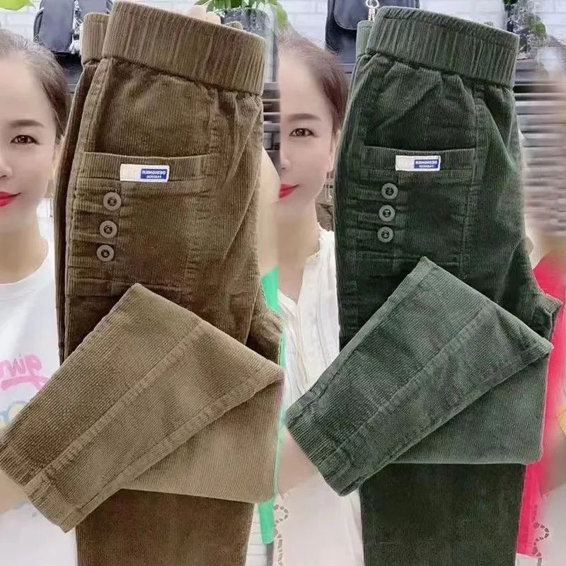 Women Warm Spring Winter Button Pockets Ruffles Vintage Pant Chic Slim Fit Pants