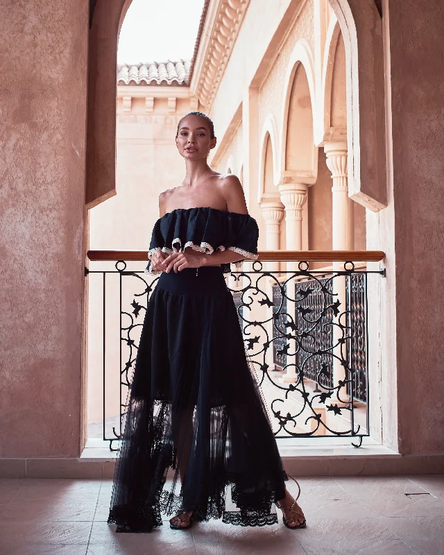 Black Tulle Lace Trim Panelled Skirt spandex blend skirt