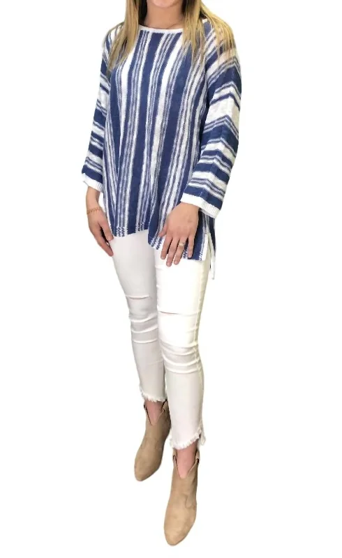 3/4 Stripe Sweater In Blue Mesh Blend Leather Blend Suede Blend