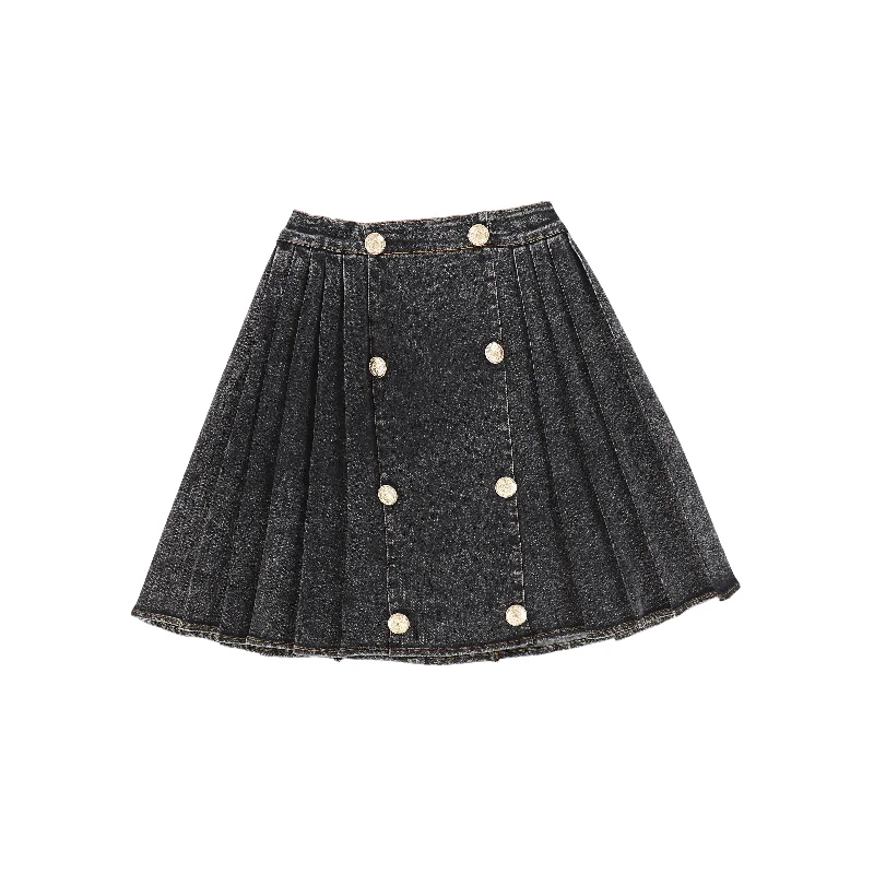 Bace Black Denim Pleated Button Skirt leather skirt bold