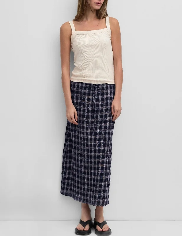 Bennett Navy Plaid Midi Skirt button skirt front
