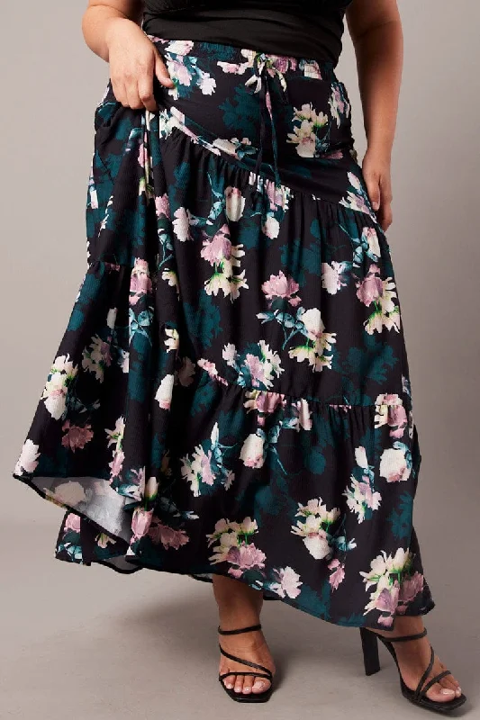 Black Floral Maxi Skirt Elastic Waist Tiered slim fit skirt