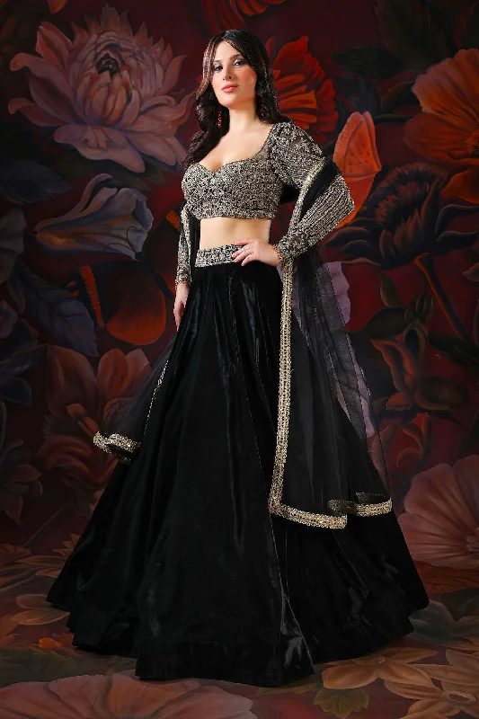 black full sleeves embroidered  top with black velvet skirt denim skirt casual
