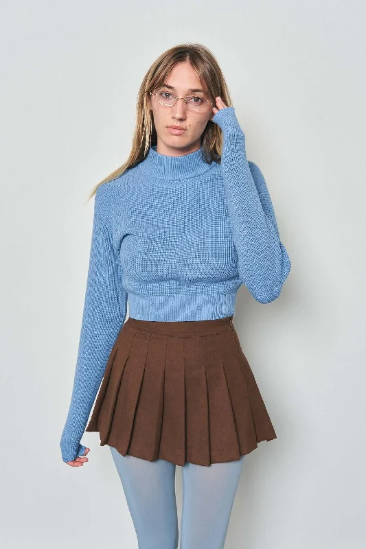 Blue Cotton Turtleneck Sweater Ribbed Striped Patterned