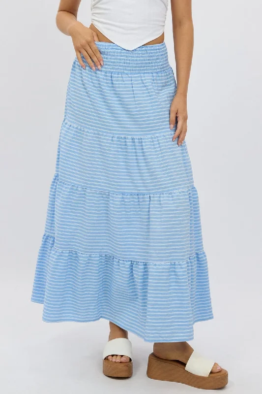 Blue Stripe Maxi Skirt Shirred Waist Tiered Relaxed Fit denim skirt durable