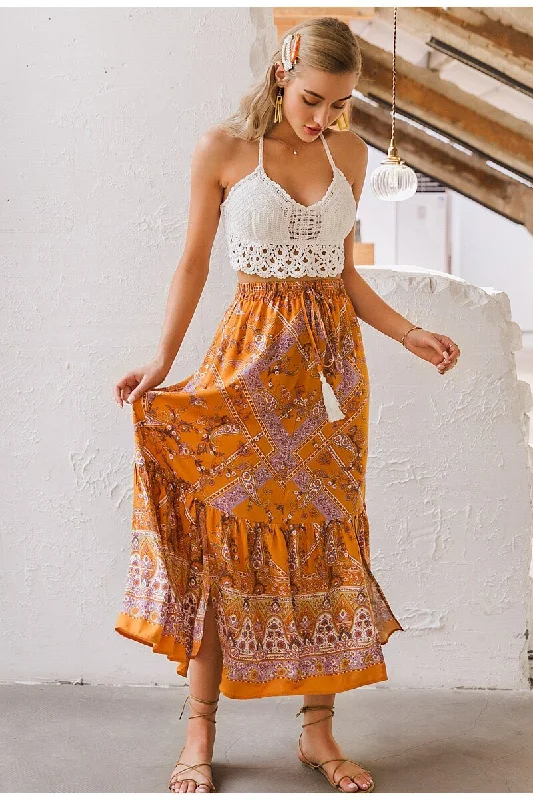 Bohemian Floral Print Women's Tassel Elastic Waist A-line Spring Summer Holiday Long Skirt leather skirt sleek