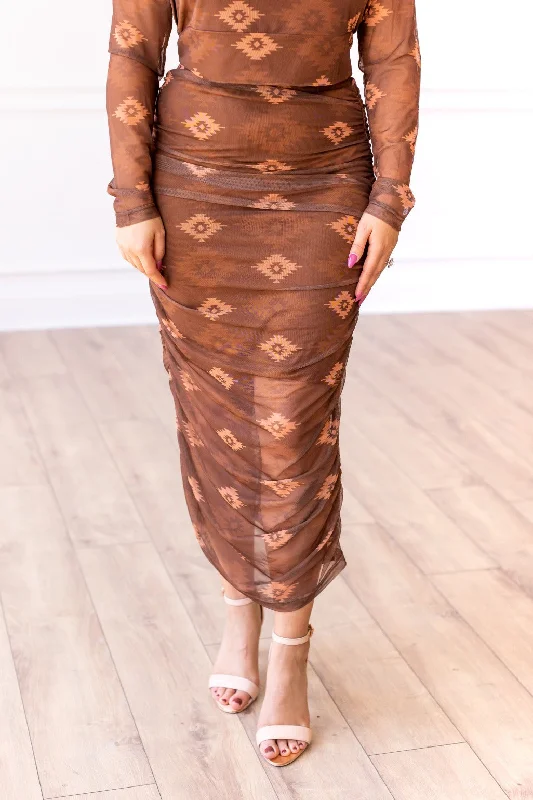 Aztec Mesh Midi Skirt, Brown wool skirt thick