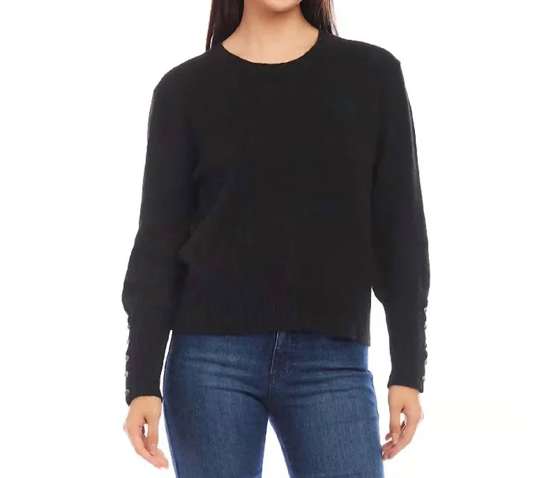 Button Sleeve Sweater In Black Front Pockets Side Pockets Patch Pockets