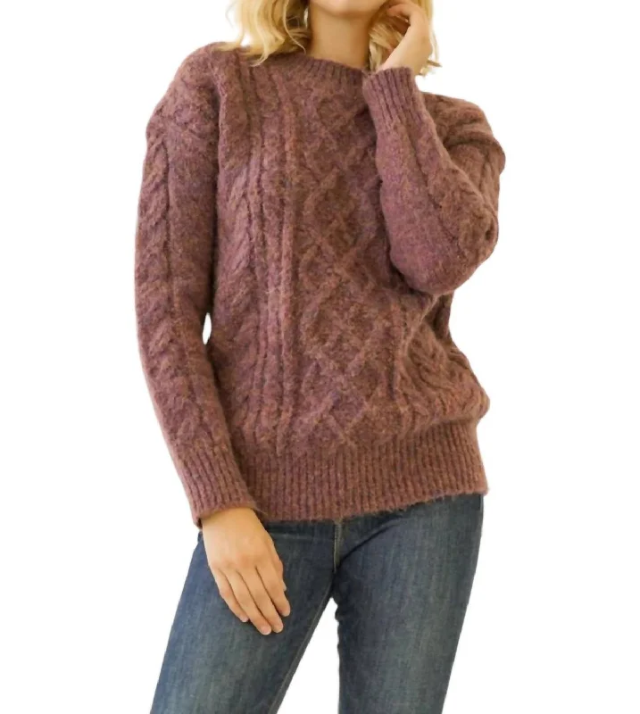 Cable Knit Sweater In Brown Satin Blend Silk Blend Wool Blend