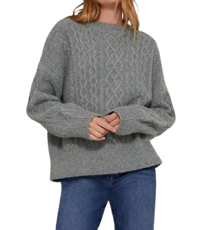 Cable Pullover Sweater In Smoke Grey Terry Blend Velvet Blend Canvas Blend