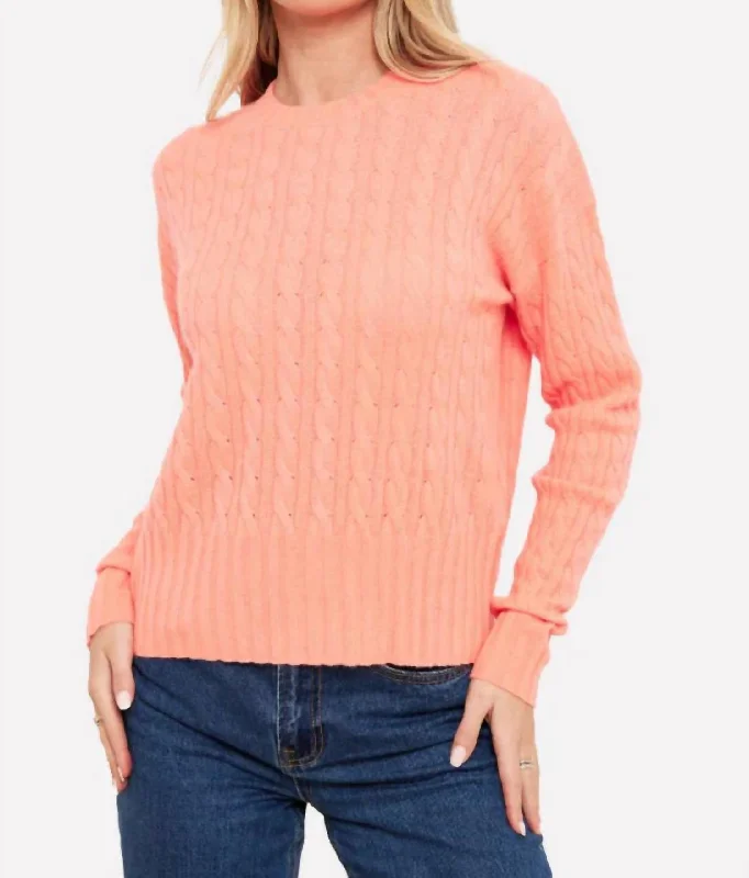 Cathy Cashmere Cable Crew Sweater In Coral Print Jacquard Patchwork