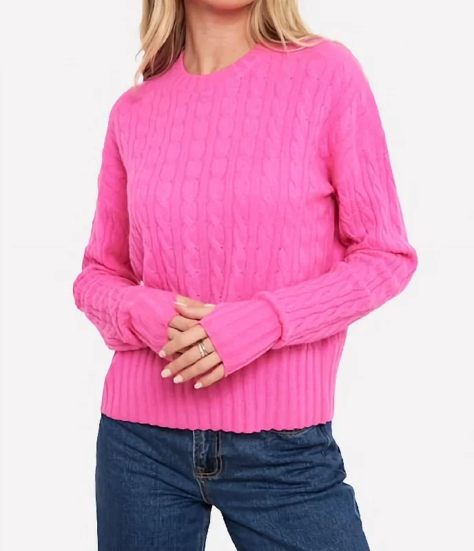 Cathy Cashmere Cable Crew Sweater In Diva Pink Notch Collar Peter Pan Collar Cowl Neck