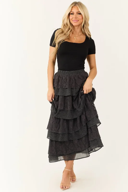 Charcoal Lace Ruffle Tiered Maxi Skirt linen skirt airy