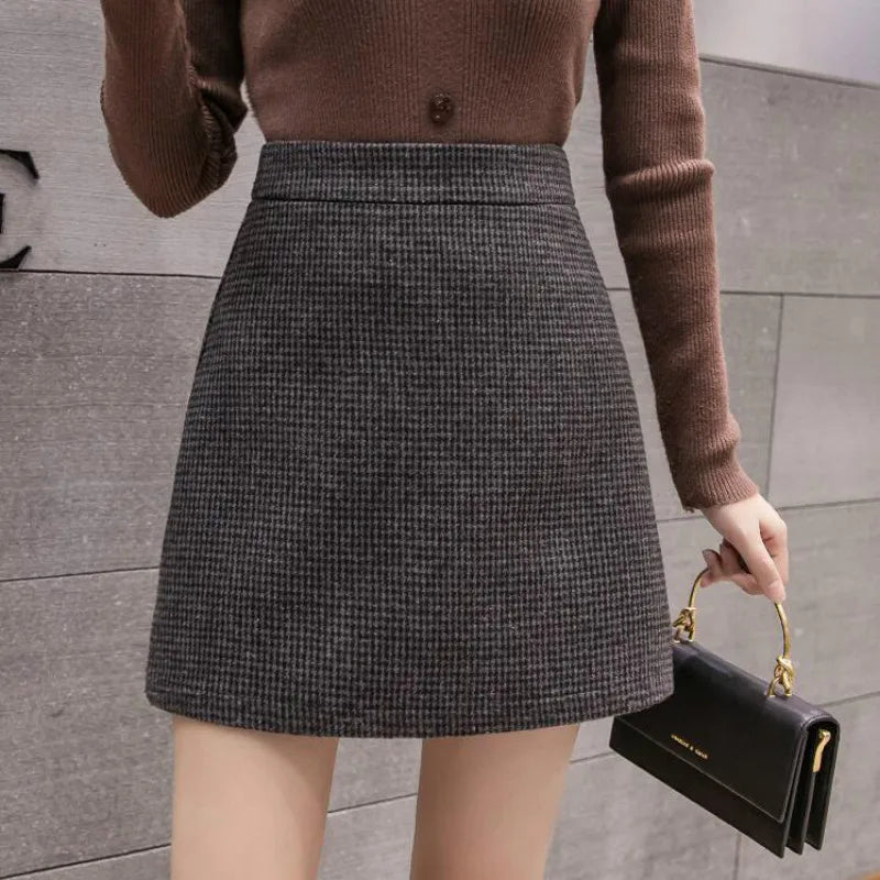 FashionSierra - New Fashion Plaid A-Line Mini Women Autumn Winter High Waist Woolen Female Casual All-match Short Skirt high slit skirt