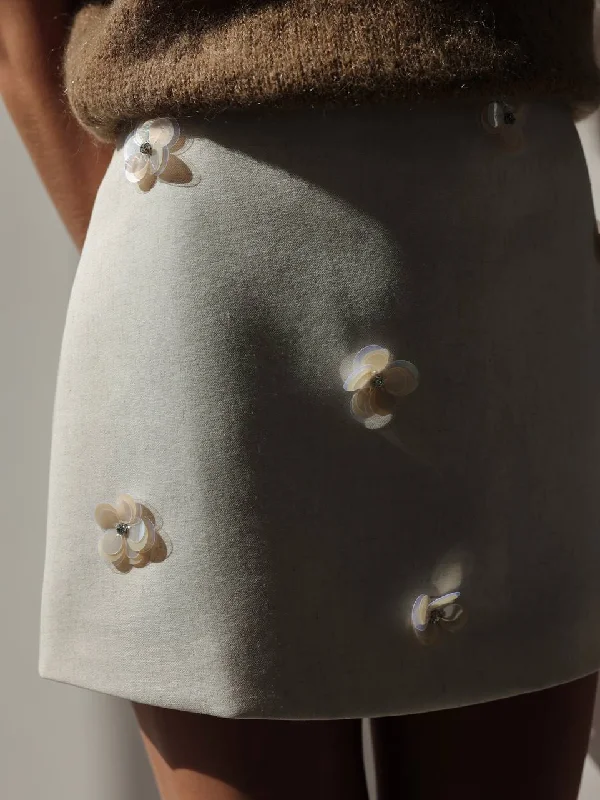 Cream Mini Skirt with Mother-of-Pearl Flower Details chiffon skirt delicate