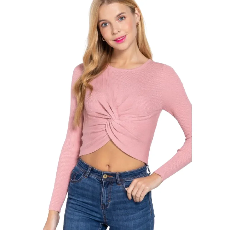 Crew Neck Knotted Crop Sweater Front Pockets Side Pockets Patch Pockets