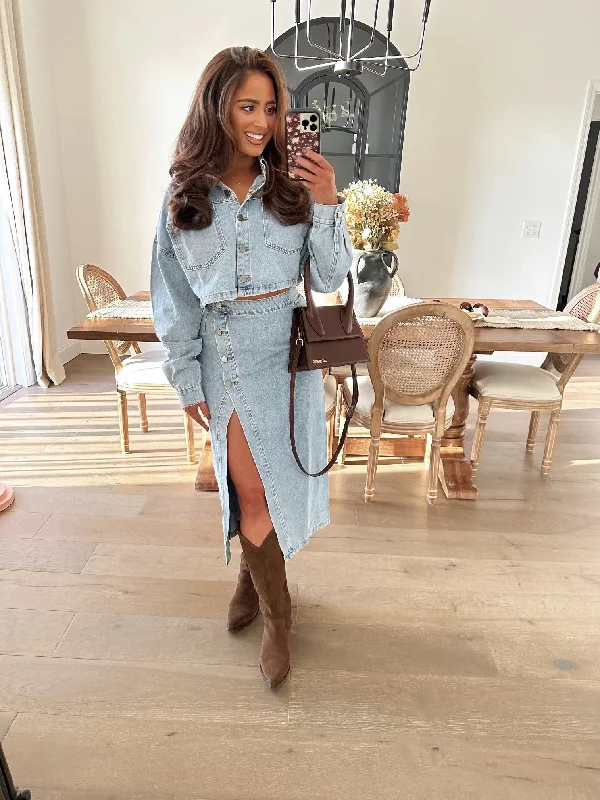 Denim Button Crop Jacket And Skirt Set chiffon skirt airy