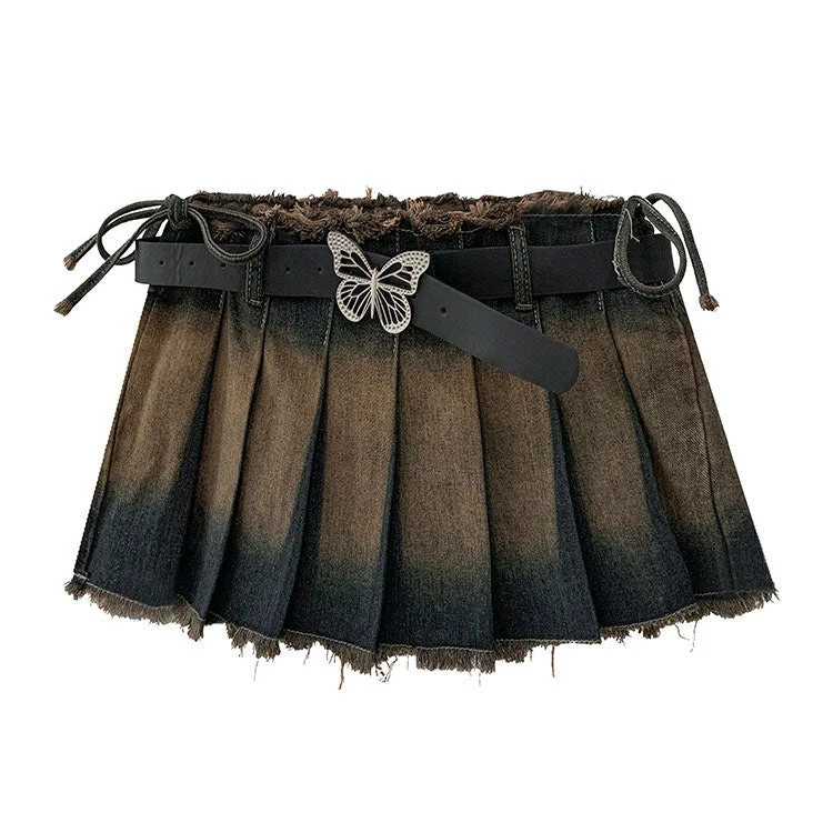 Denim Distressed Pleated Mini Skirt cashmere skirt plush