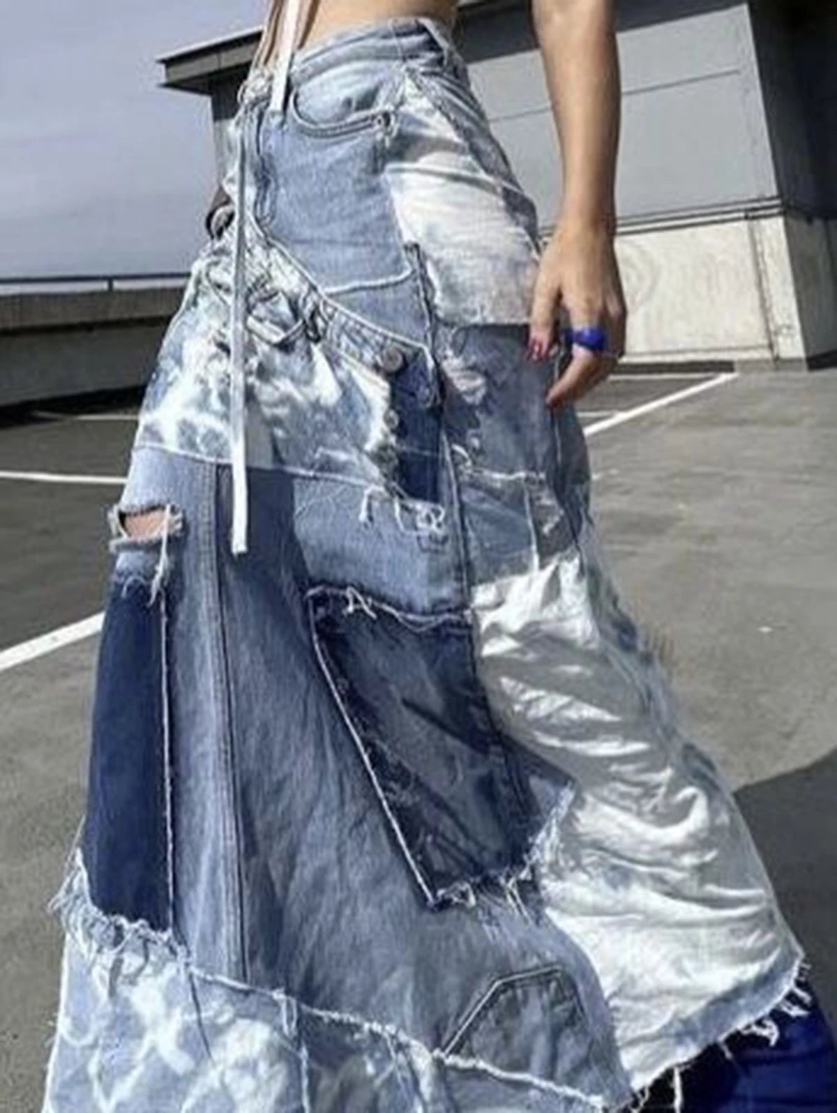 Denim Patchwork Long Skirt For Women velvet skirt luxury