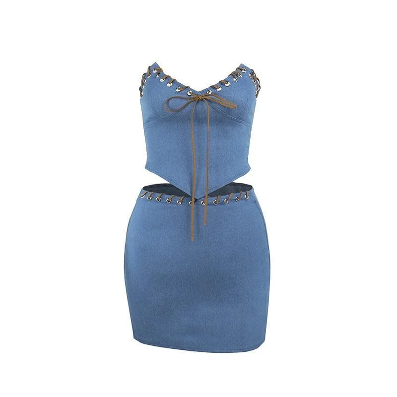 Denim sweetheart neck knotted zip-up tube slit mini skirt set asymmetrical skirt cut