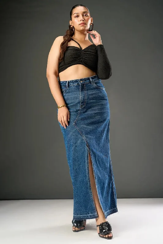 Dusk Blue Curve Mid Slit Maxi Skirt pleated skirt texture