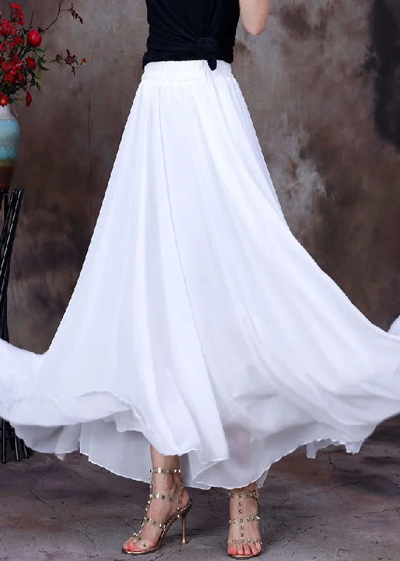 Elegant White Elastic Waist Asymmetrical Layered Design Chiffon Skirts Summer wool skirt breathable