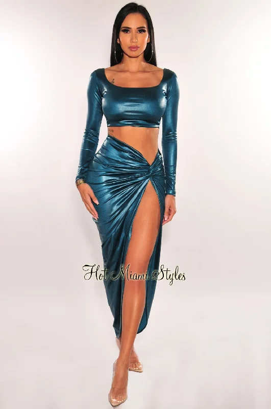 Emerald Satin Faux Leather Long Sleeve Knotted Slit Skirt Two Piece Set midi skirt versatile