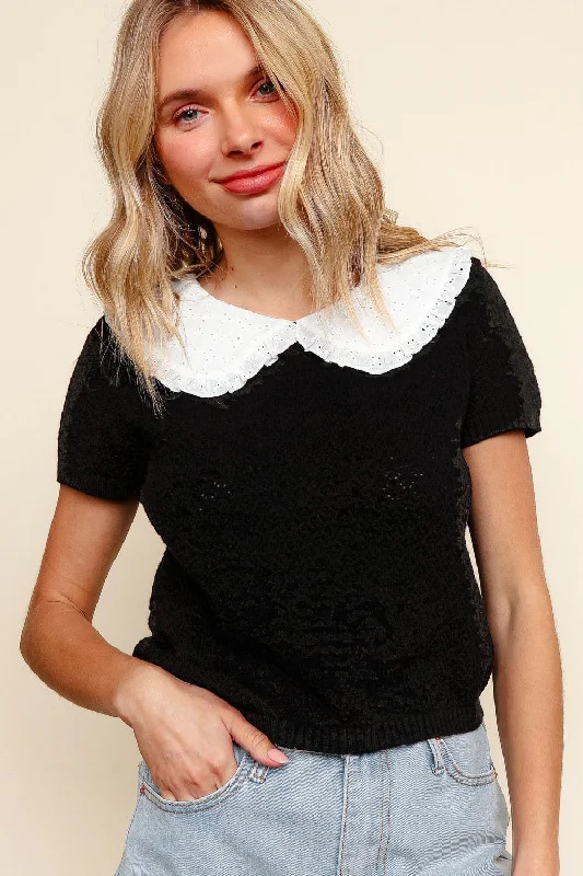 EYELET FRILLED FLAT COLLAR SWEATER TOP Herringbone Houndstooth Plaid