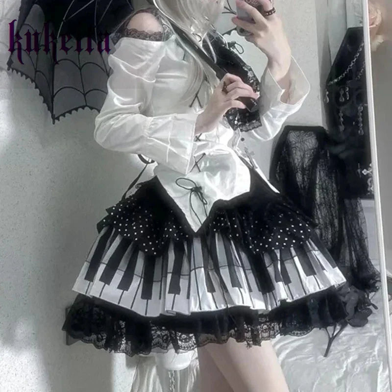 Harajuku Y2k Piano Key Wave Dot Lace Japanese Gothic Lolita Kawaii Cake Fairy Grunge Y2k Skirt leather skirt sleek