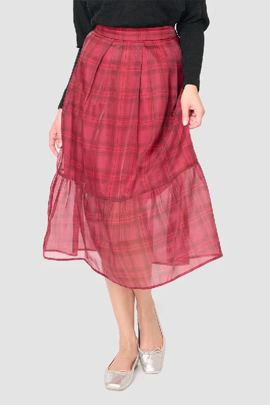 Festive Plaid Organza Tiered Maxi Skirt button skirt front