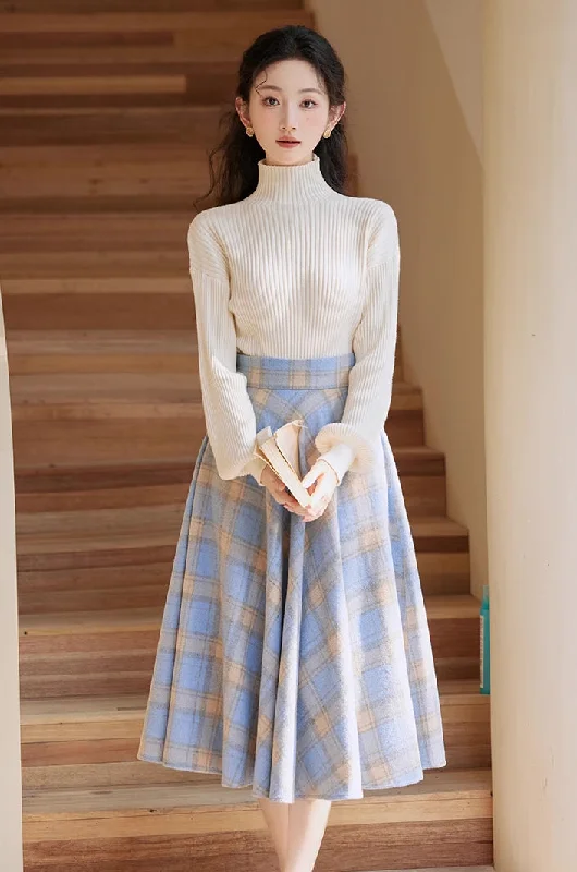 Frozen Plaid Midi Skirt (Blue) spandex blend skirt