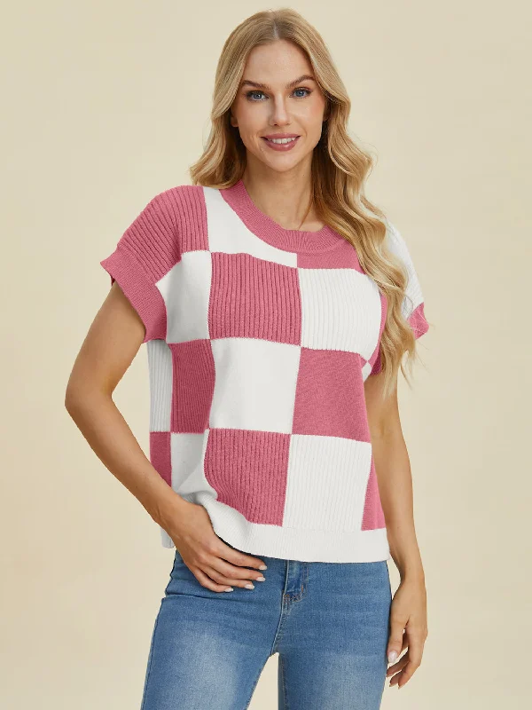 Full Size Checkered Round Neck Short Sleeve Sweater Satin Fabric Silk Fabric Chiffon Fabric