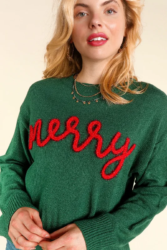 Green Pop Up Letter "Merry" Sweater Machine Wash Dry Clean Hand Wash