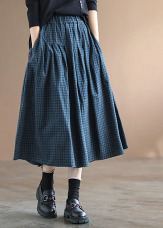 Handmade Blue Plaid Elastic Waist Pockets Fall Skirt pleated skirt texture