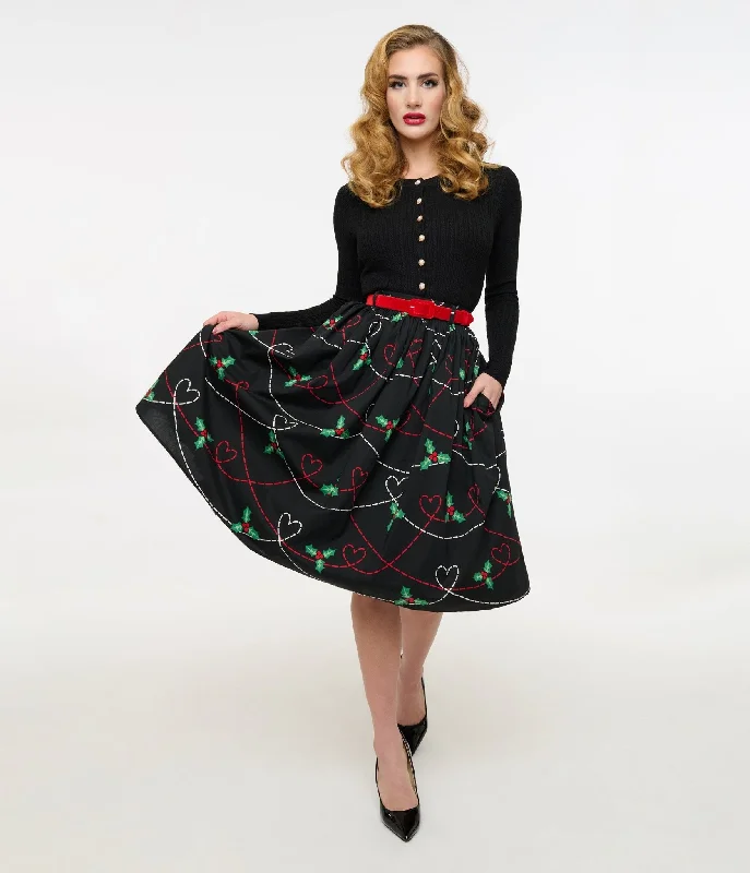 Hell Bunny 1950s Festive Hearts & Holly Print Angelica Swing Skirt linen skirt breathable