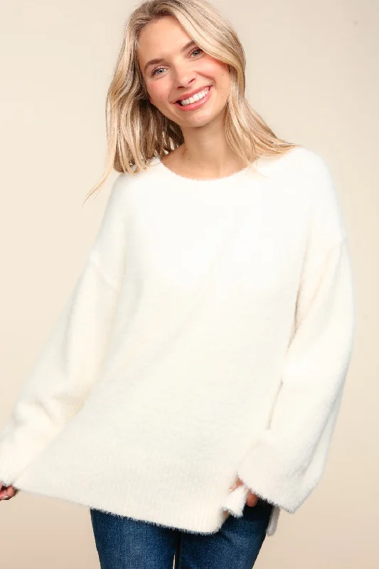 IVORY FUZZY SOFT BRUSHED HAIRY SWEATER KNIT TOP Sequined Glittery Shiny