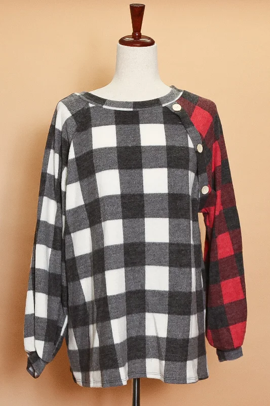 Ivory & Red Plaid Button Sweater Terry Terry Cloth Terry Knit