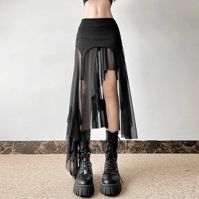 Goth Irregular Fashion Y2K Cyber Club Hem Alt Harajuku Patchwork Mid Mesh Streetwear Skirt seamless skirt comfort