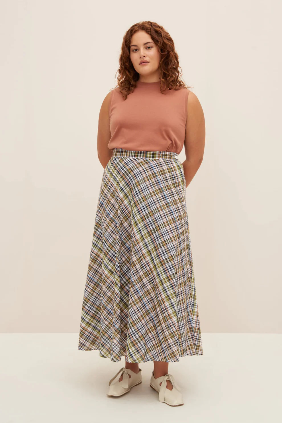 Kowtow Helene Skirt - Vista Check asymmetrical skirt cut