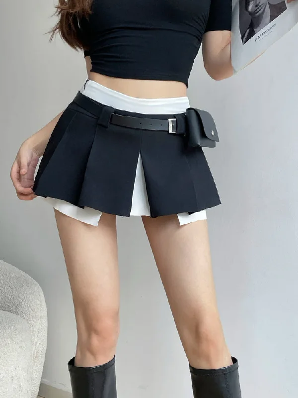 Latisha Contrast Color Preppy Style High Waist Pack Fake Two Pleated Split Mini Skirt denim skirt casual