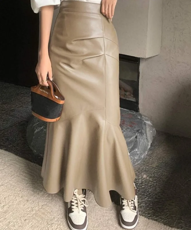 Midi PU Leather High Waist Faldas Ruffles Skirt silk skirt luxurious