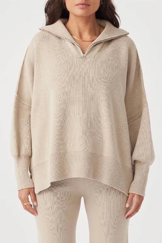 London Zip Sweater In Taupe Tailored Straight A-Line